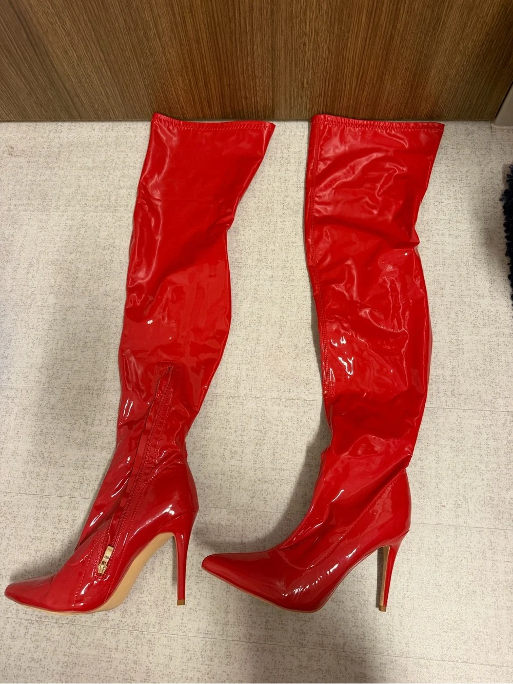 Red Patent Over-The-Knee 4” Stiletto Boots - Women